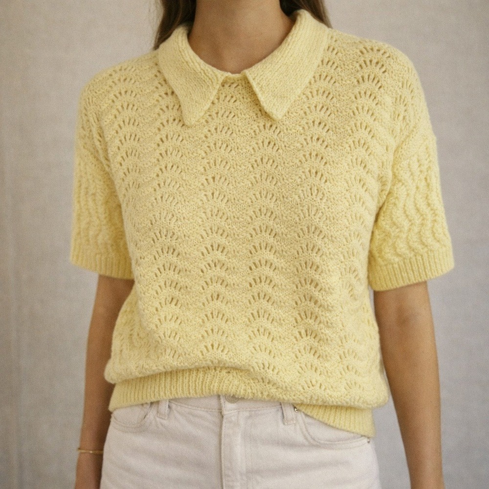 Vintage Yellow Knit Polo Shirt Short Sleeve Crochet Lace Womens‎ READ